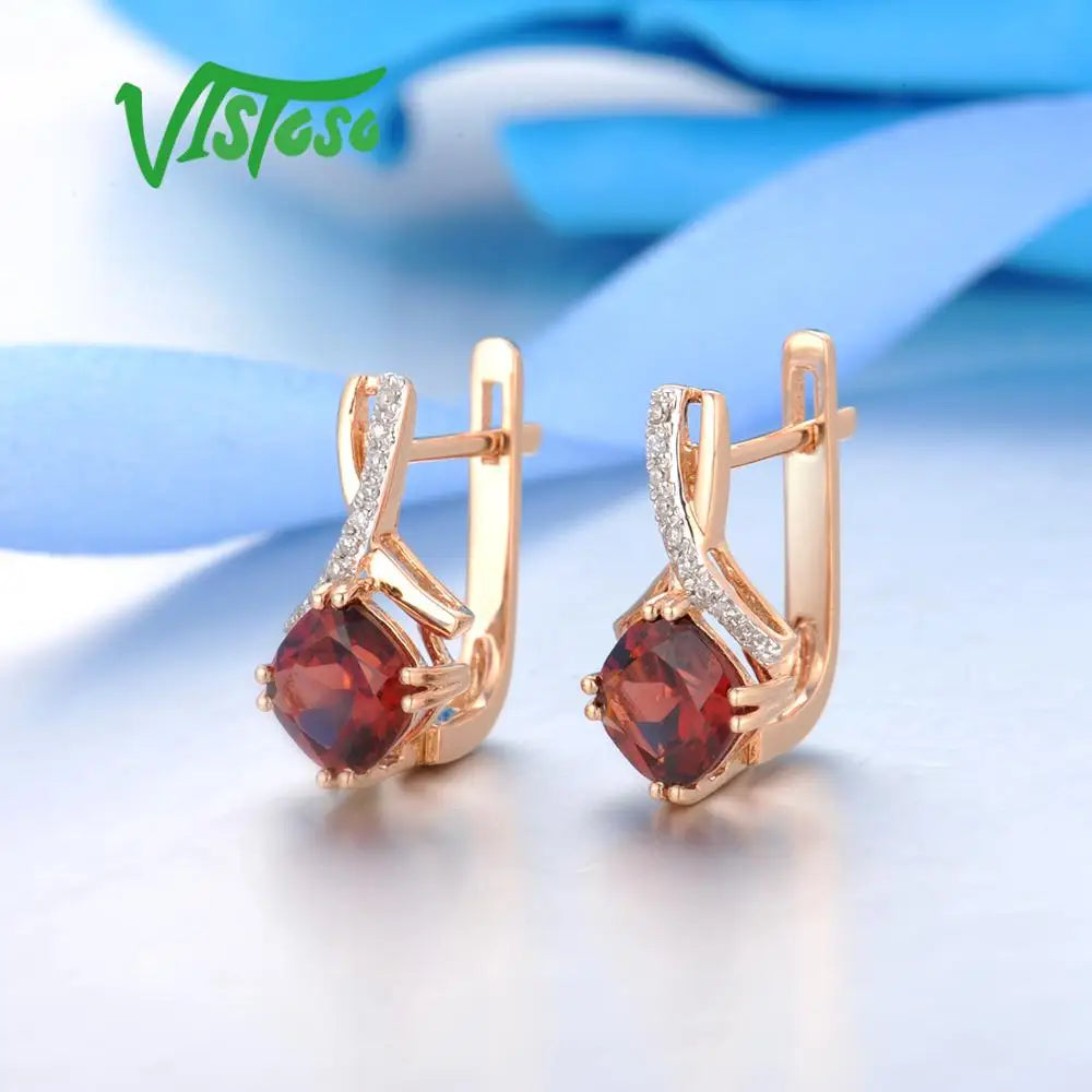 VISTOSO Gold Earring For Women Genuine 14K 585 Rose Gold Radiant Garnet Sparkling Diamond Earring Engagement Wedding Jewelry