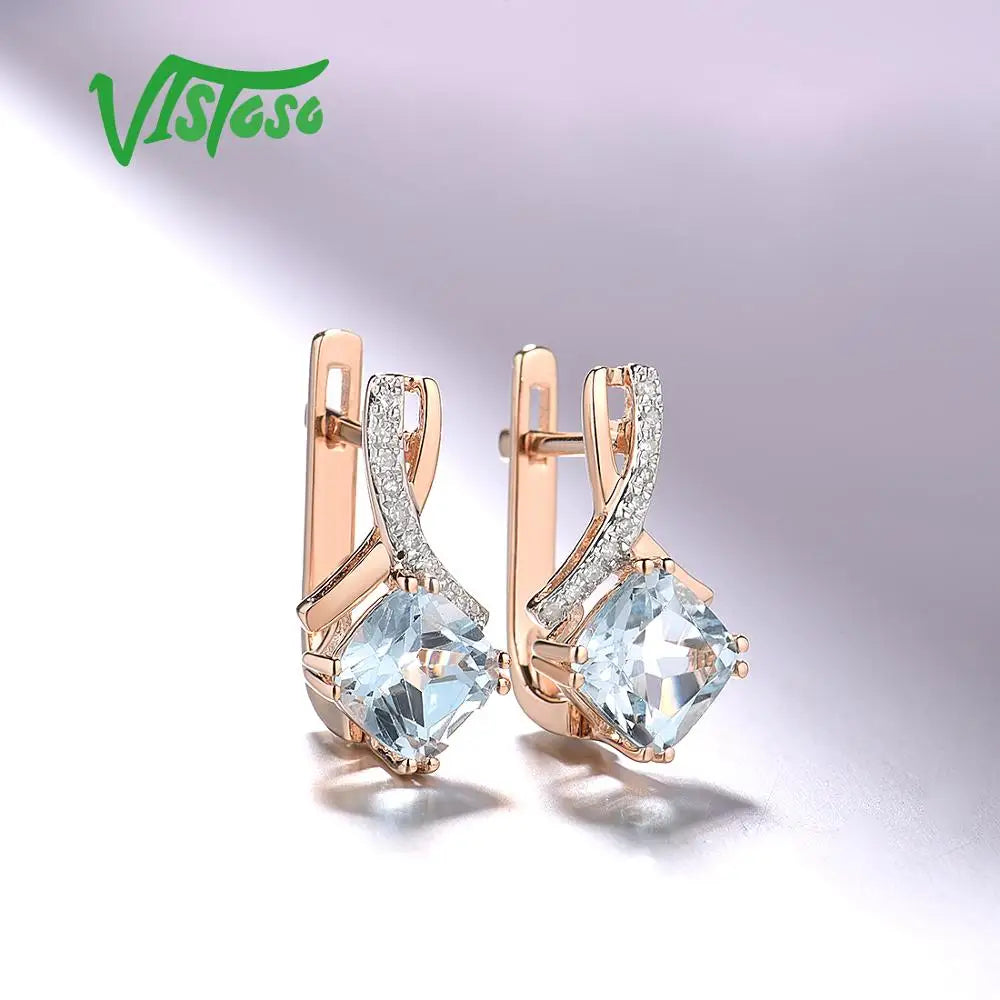 VISTOSO Gold Earring For Women Genuine 14K 585 Rose Gold Radiant Garnet Sparkling Diamond Earring Engagement Wedding Jewelry