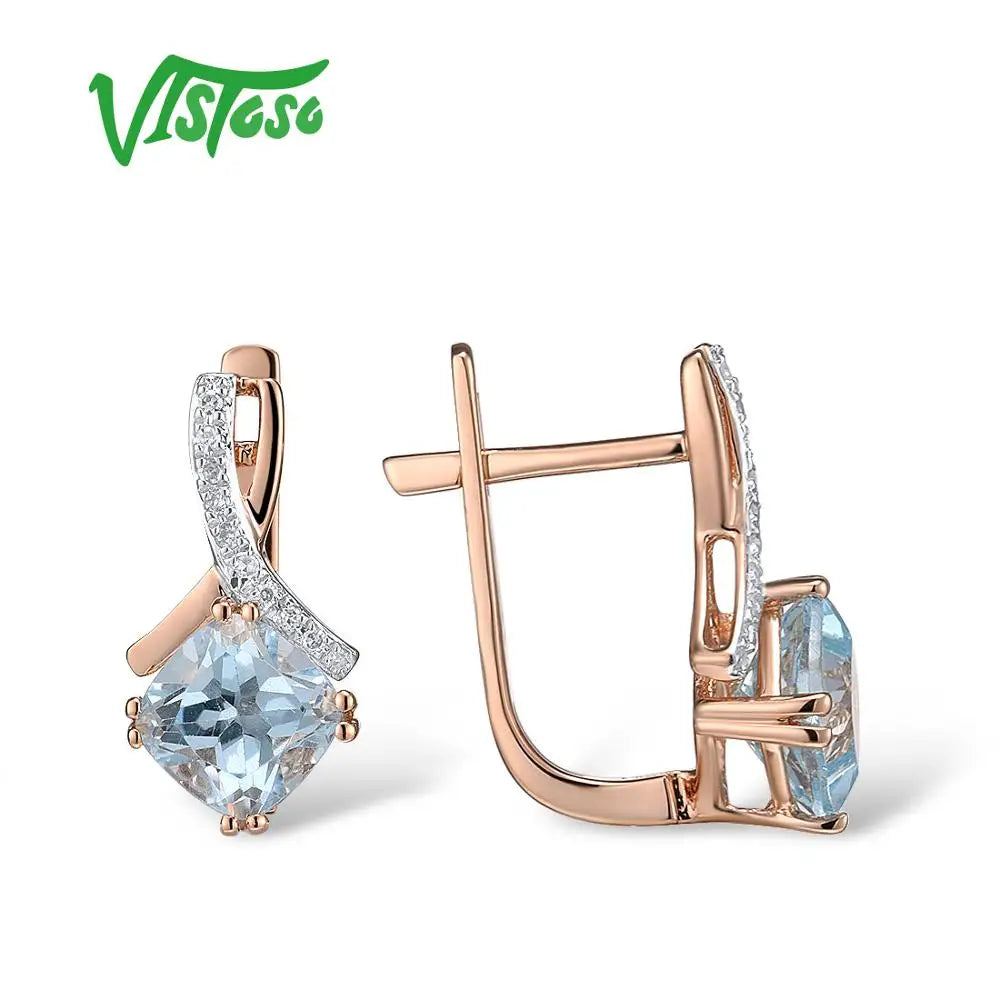 VISTOSO Gold Earring For Women Genuine 14K 585 Rose Gold Radiant Garnet Sparkling Diamond Earring Engagement Wedding Jewelry