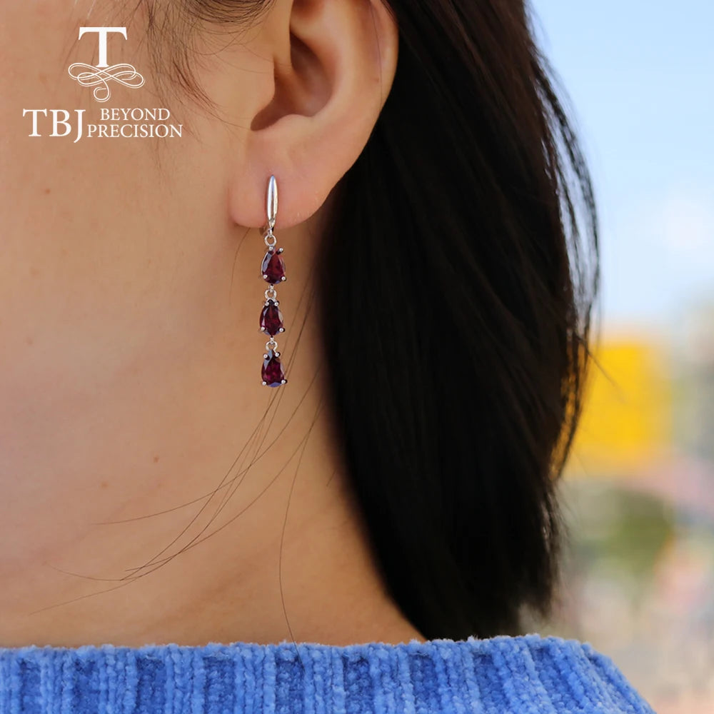 TBJ,Long earring with brazil rhodolite garet pear 5*8mm 6 pieces 5ct natural gemstone fine jewelry 925 sterling silver for women