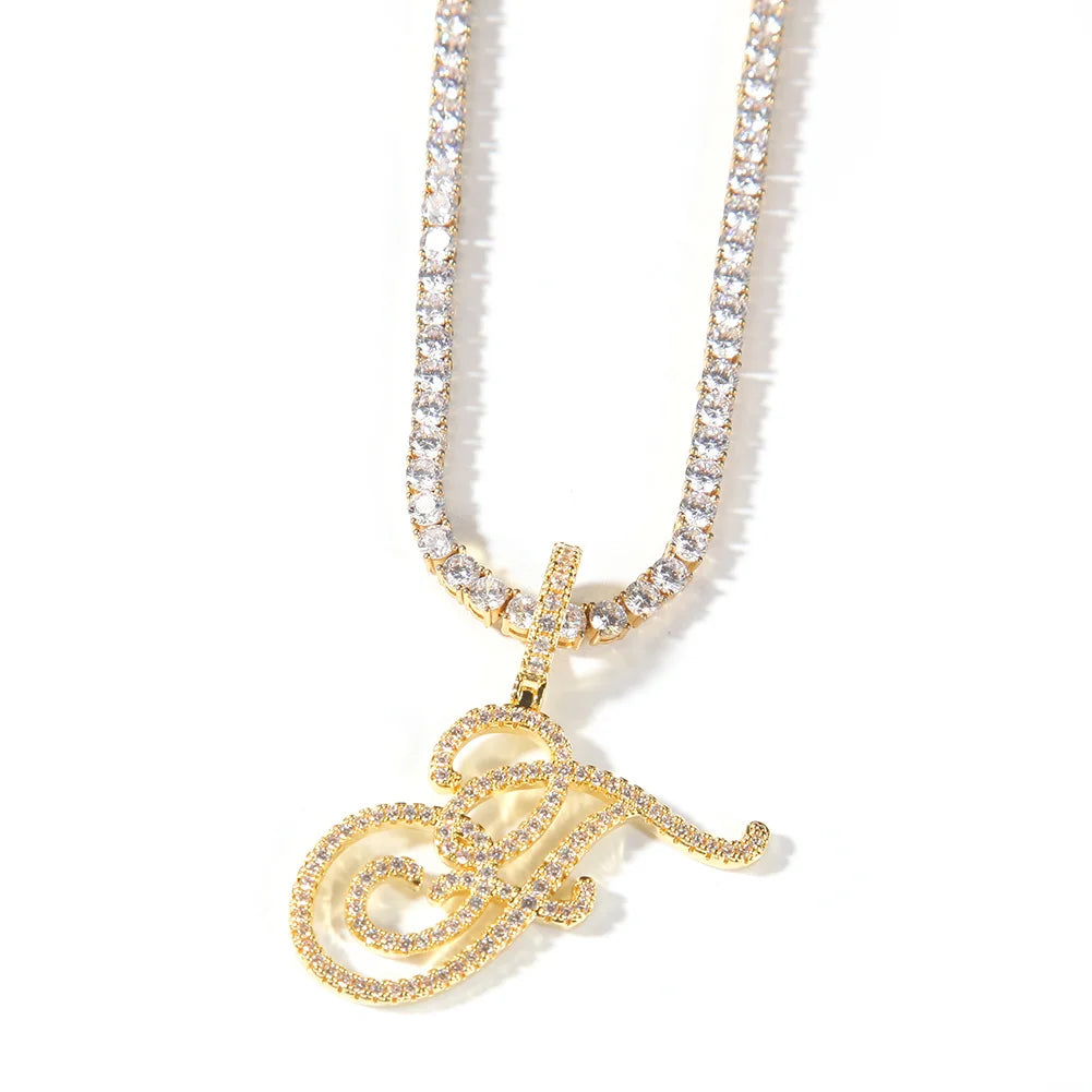 UWIN Cursive Letters Brush With Tennis Chain Cubic Zirconia Intial Name Necklace Jewelry Charm Hip Hop Necklaces Drop Shipping