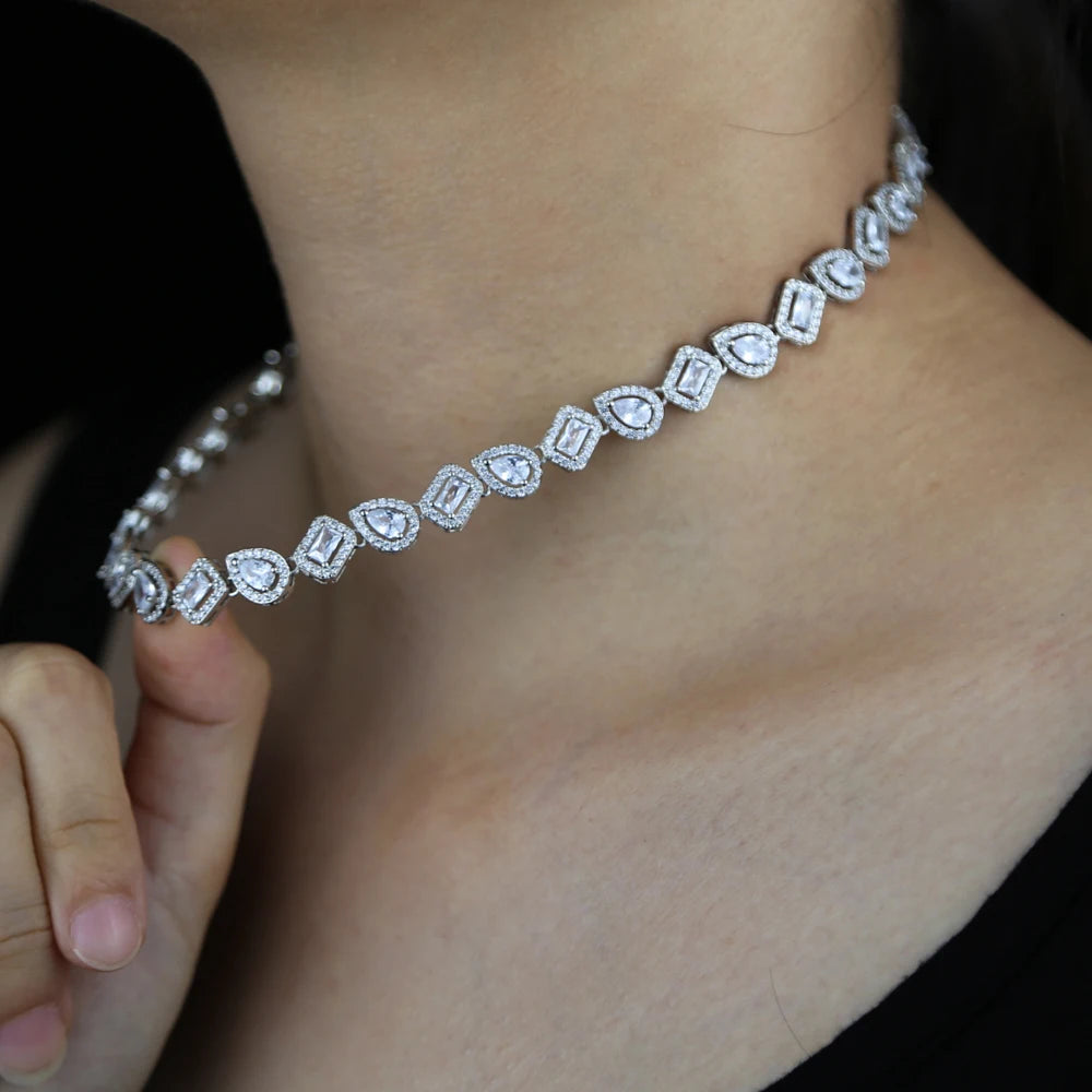 2025 Iced Out Bling Sparking Geometric Rectangle Tear Drop Cubic Zirconia Choker Necklace For Women Fashion Wedding Gift Jewelry
