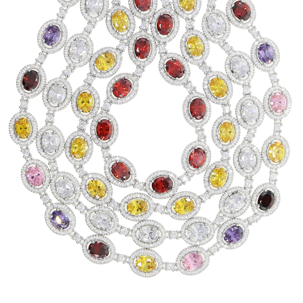 New Iced Out Bling Hip Hop Oval CZ Paved Sparking Colorful Stone Necklace Tennis Rainbow Zircon Choker Women Jewelry