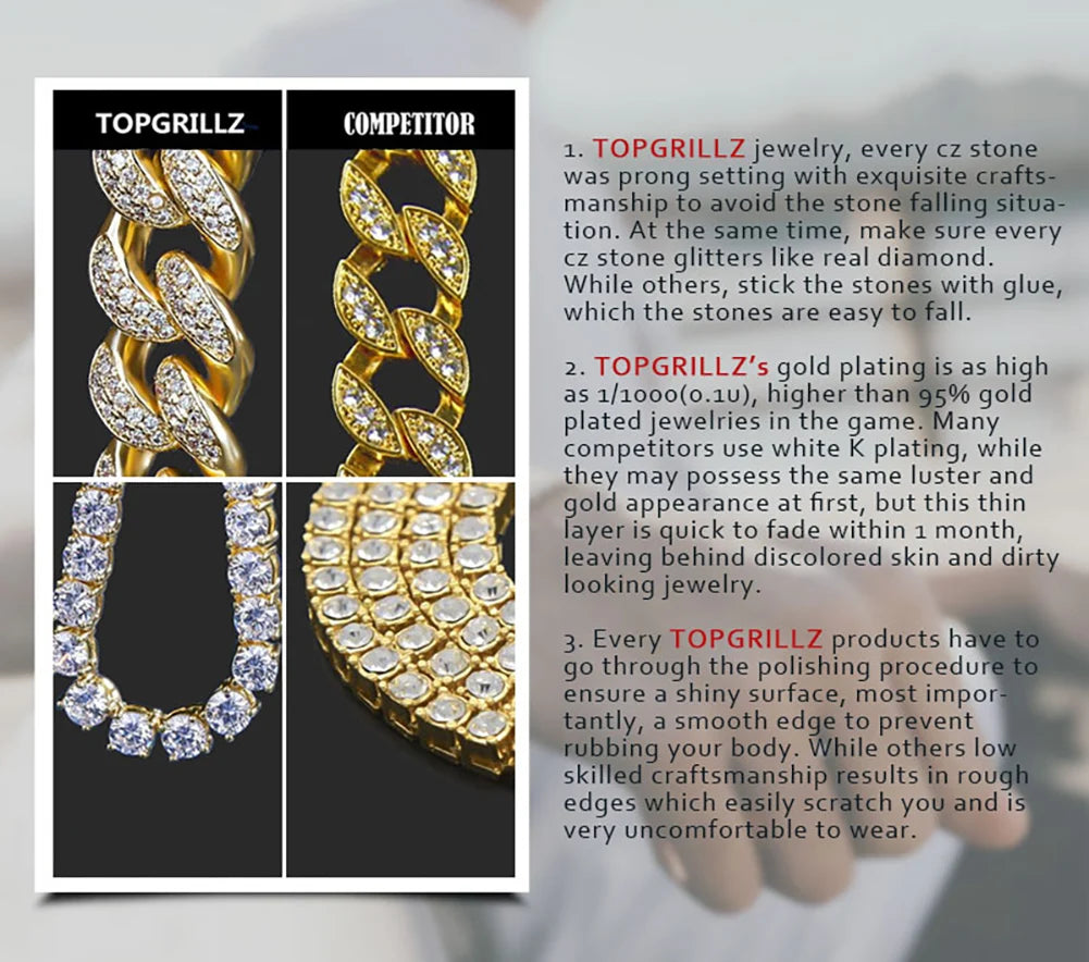 TOPGRILLZ 12mm/14mm Iced Micro Pave Cubic Zirconia Cuban Chain Necklace With Box Clasp Hip Hop Fashion Jewelry Gift Men Women