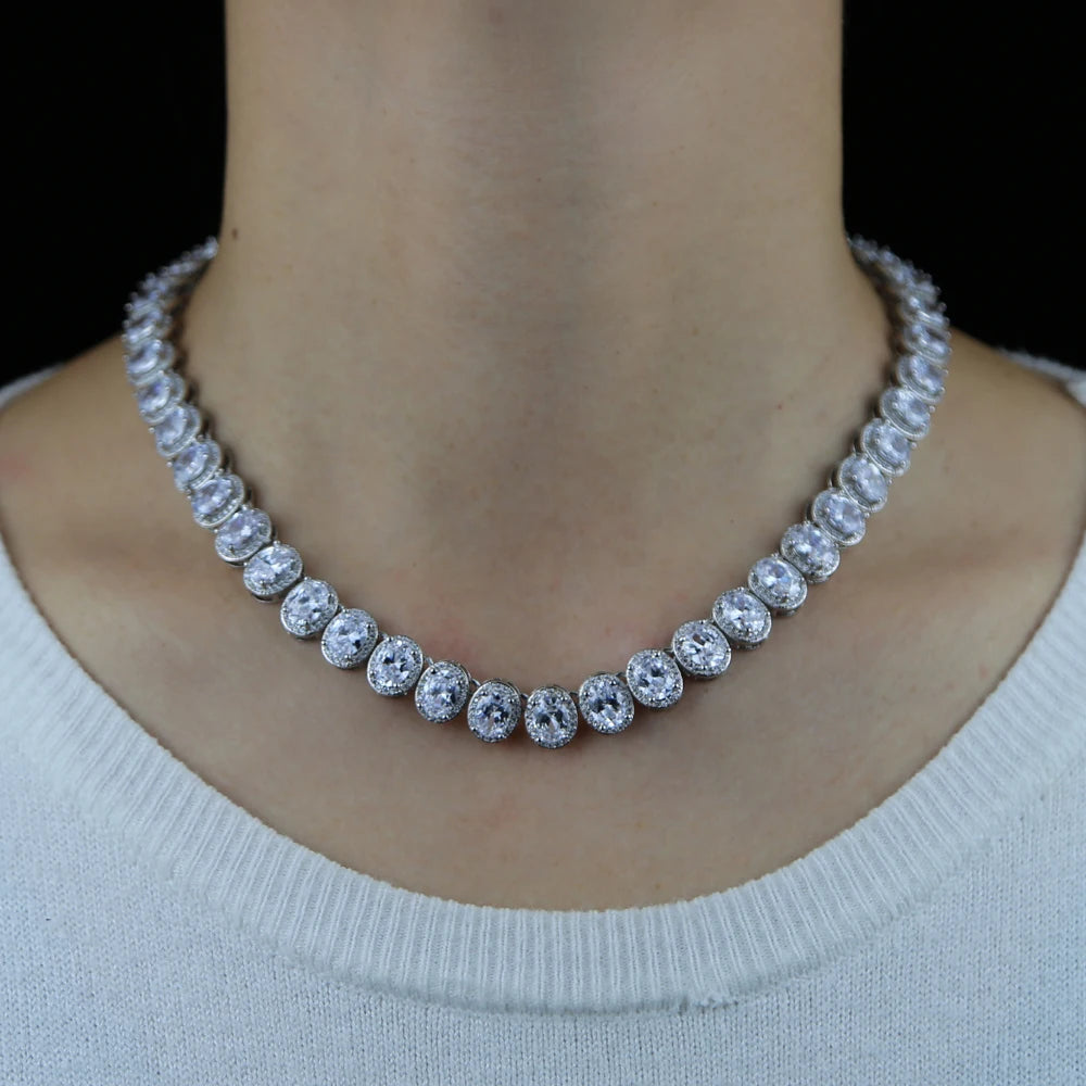 Sparking Oval 5A CZ Charm Choker Silver Color Iced Out Bling Zircon 10mm Tennis Chain Necklaces Hip Hop Women Men Jewelry New