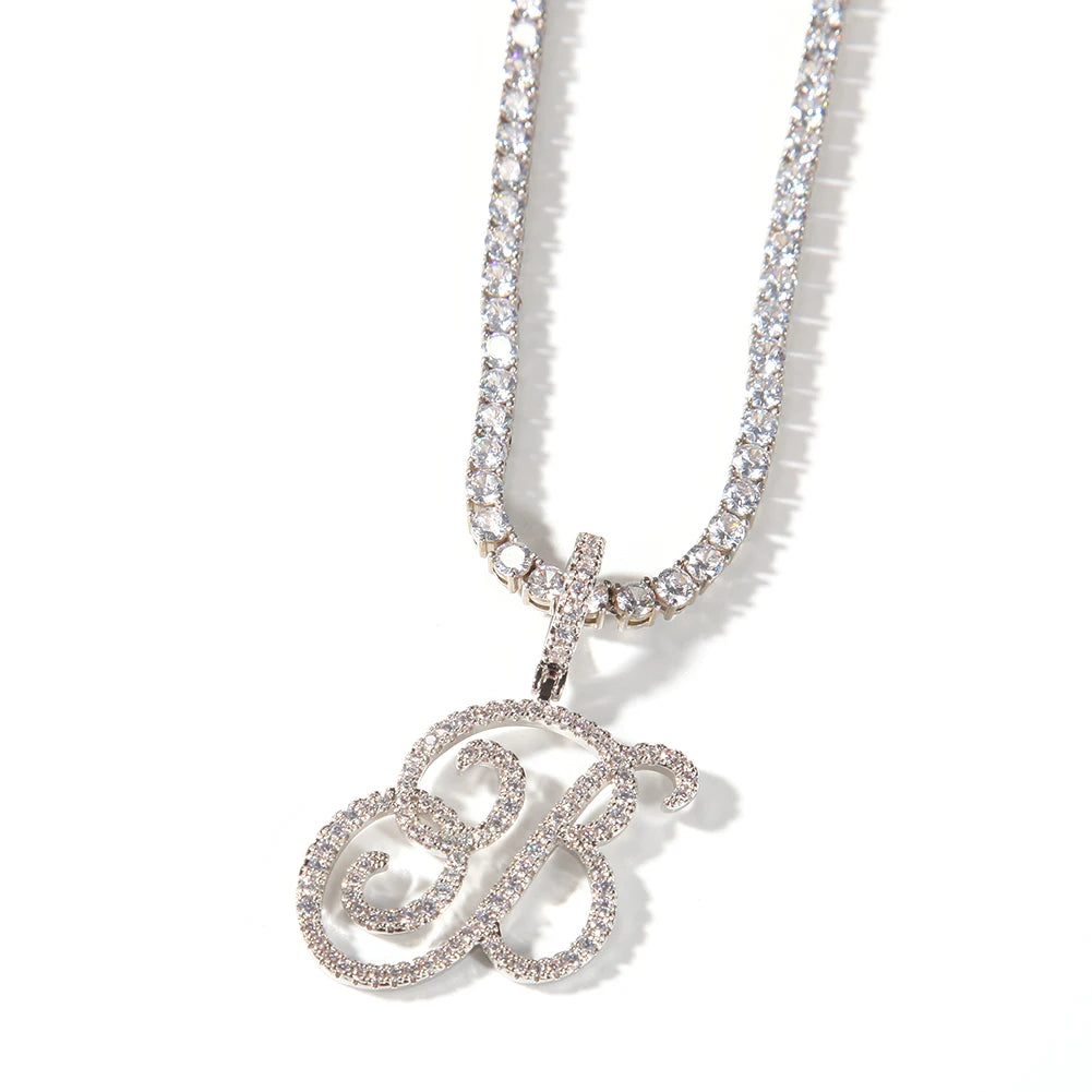 UWIN Cursive Letters Brush With Tennis Chain Cubic Zirconia Intial Name Necklace Jewelry Charm Hip Hop Necklaces Drop Shipping