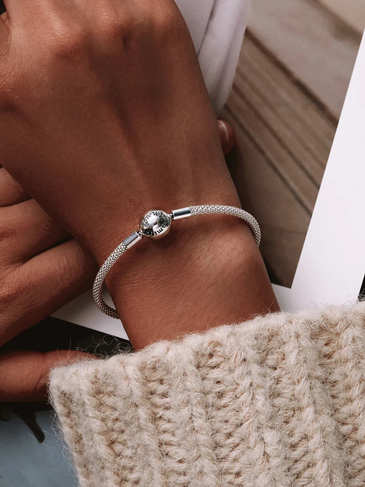 BAMOER 925 Sterling Silver Classic Love Forever Snake Chain Bracelets for Women Charm Bead DIY Fine Jewelry 17CM 19CM SCB105