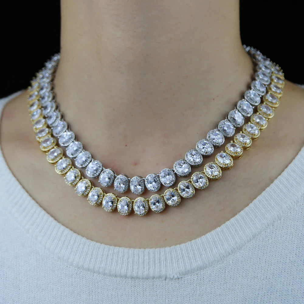 Sparking Oval 5A CZ Charm Choker Silver Color Iced Out Bling Zircon 10mm Tennis Chain Necklaces Hip Hop Women Men Jewelry New