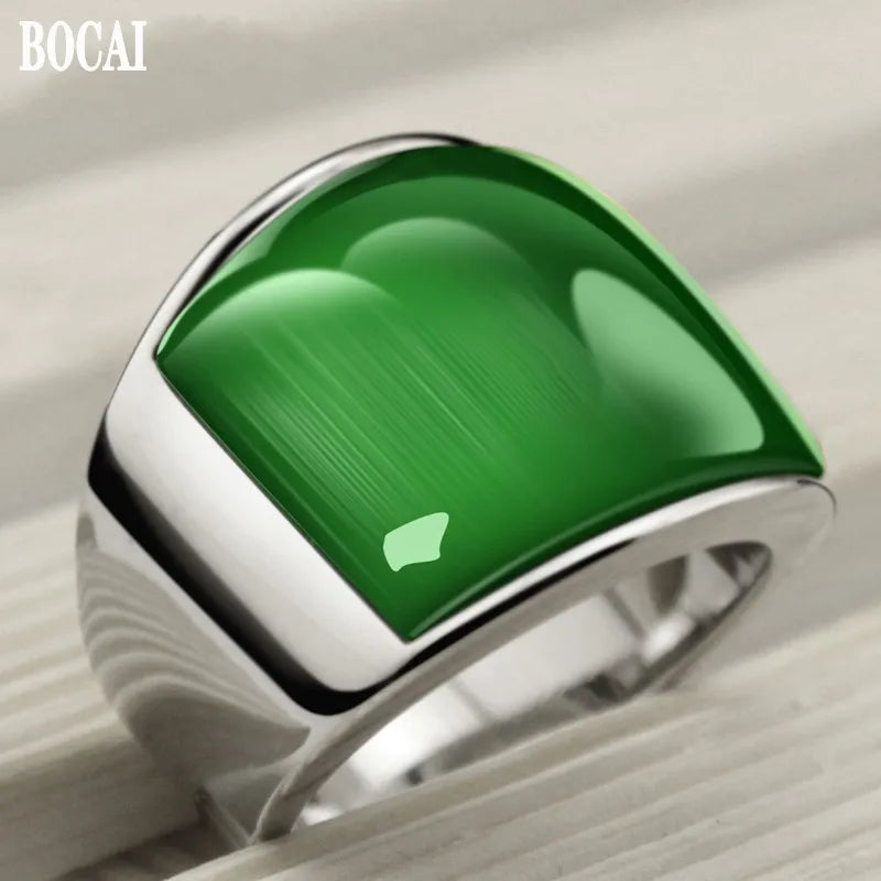 BOCAI 316l Titanium Steel Men's Rings Domineering Fashion Personaltiy Temperament Green Cat's Eye Gemstone Finger Ring