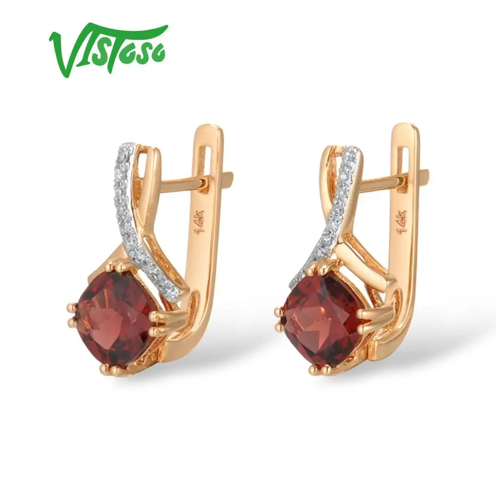 VISTOSO Gold Earring For Women Genuine 14K 585 Rose Gold Radiant Garnet Sparkling Diamond Earring Engagement Wedding Jewelry