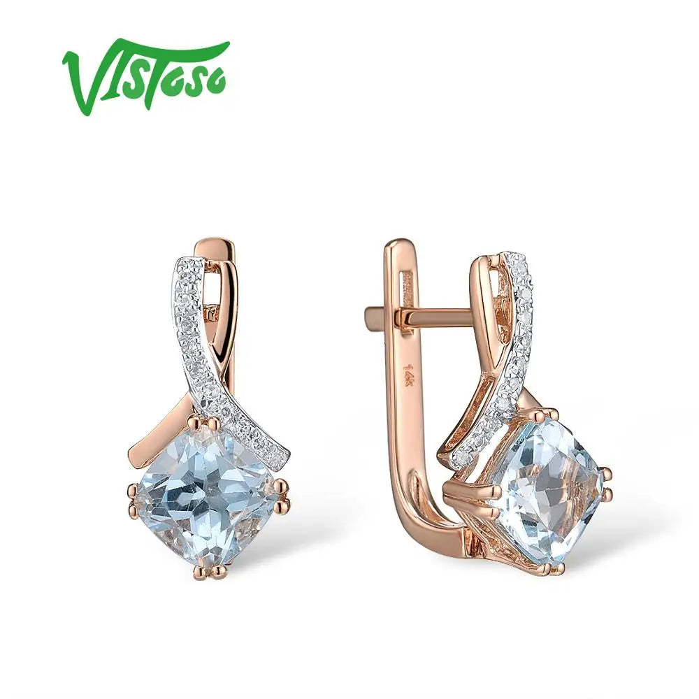 VISTOSO Gold Earring For Women Genuine 14K 585 Rose Gold Radiant Garnet Sparkling Diamond Earring Engagement Wedding Jewelry