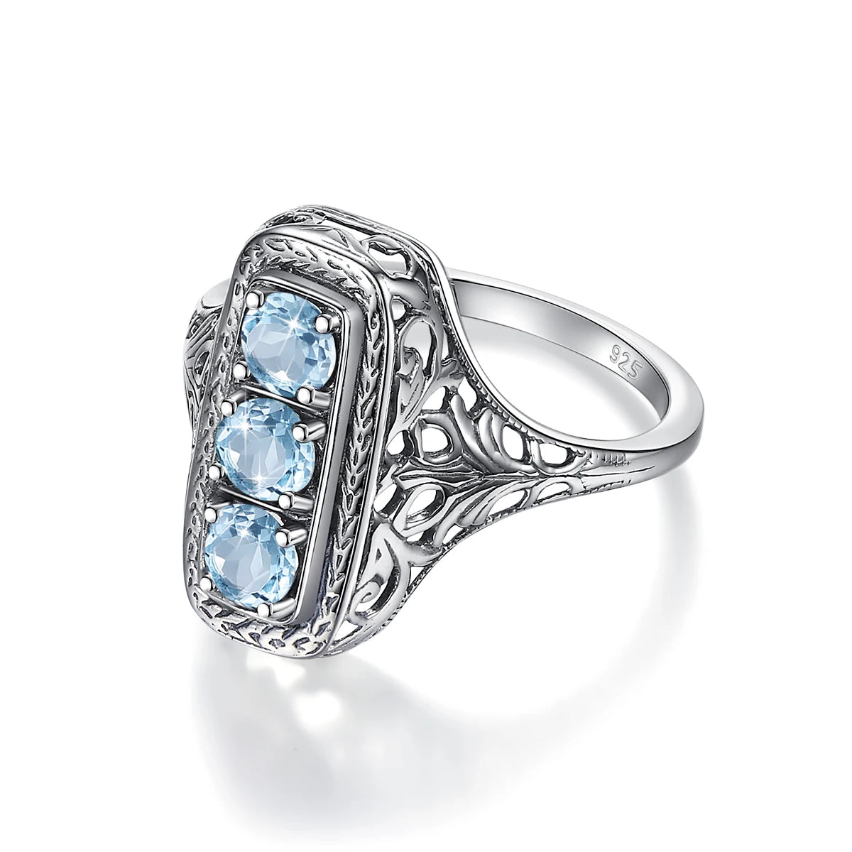 Szjinao Classic 3 Stone Aquamarine Ring For Woman Silver 925 Round Vintage Anniversary Party Gift Quality Fine Jewelry New Style