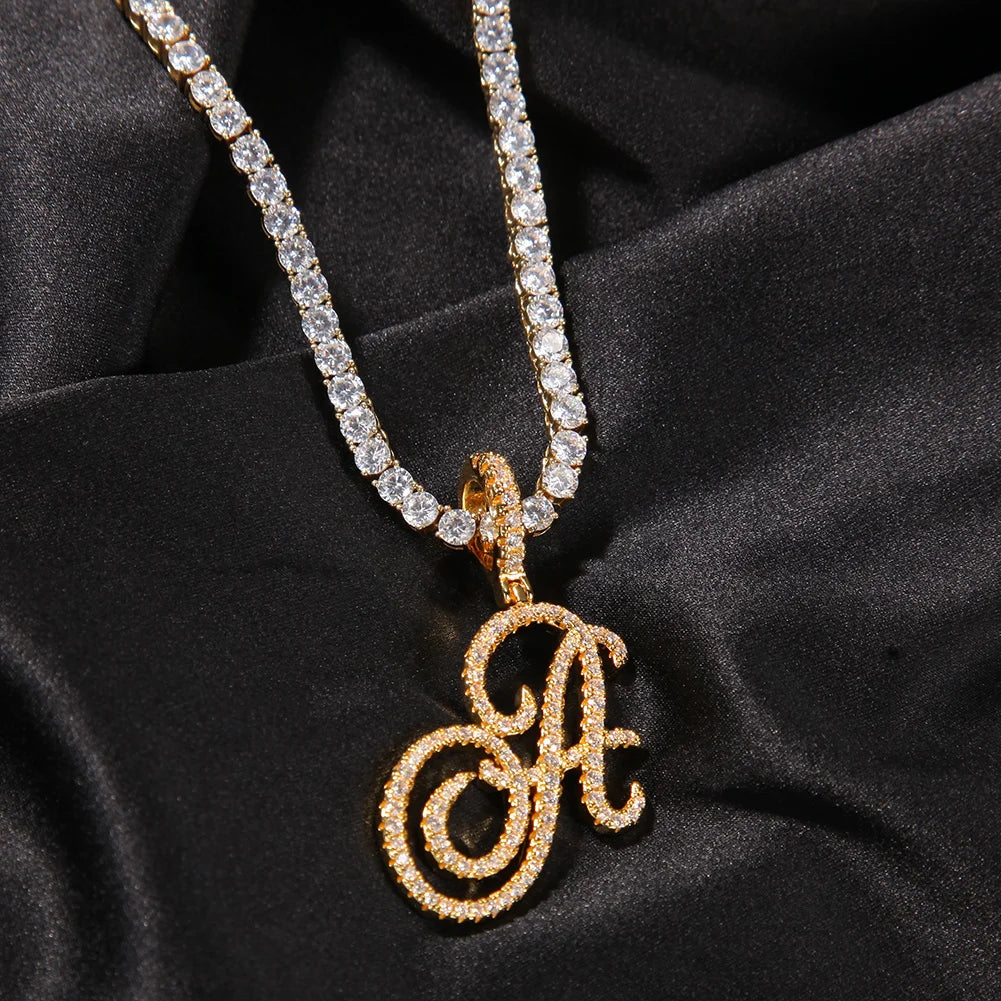 UWIN Cursive Letters Brush With Tennis Chain Cubic Zirconia Intial Name Necklace Jewelry Charm Hip Hop Necklaces Drop Shipping