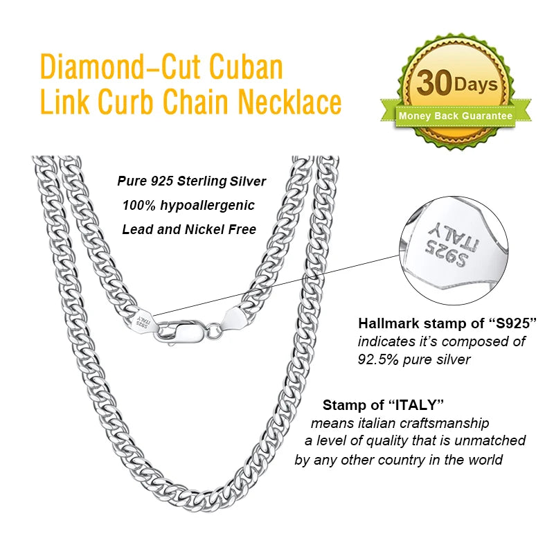 ORSA JEWELS 925 Sterling Silver Solid Diamond-Cut Cuban Chain 3.6/5/7mm Link Curb Chain Necklace for Men Women Jewelry SC36
