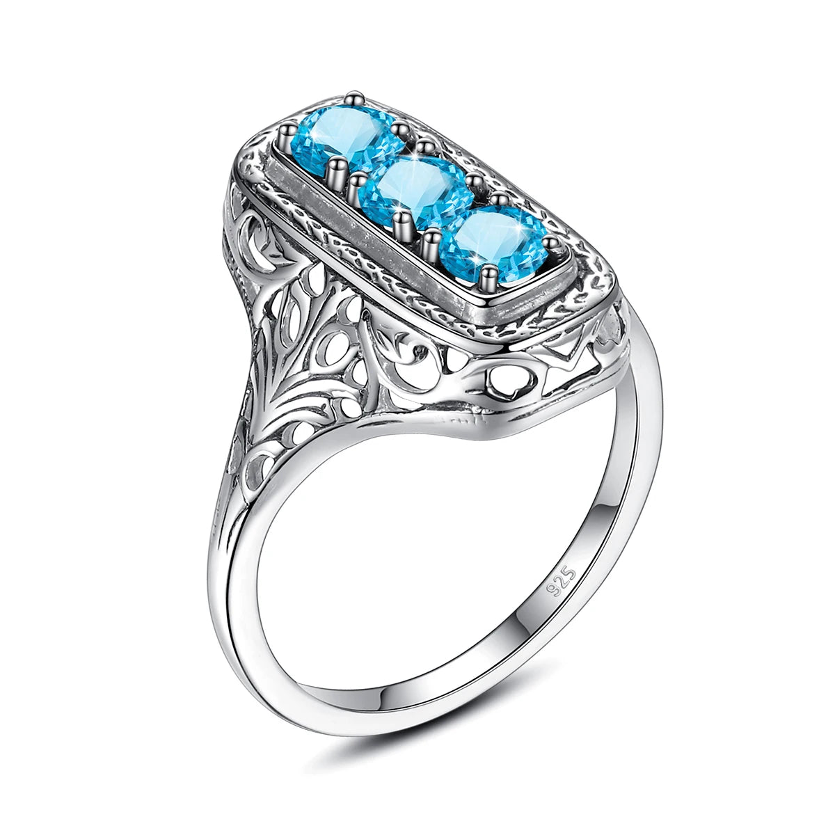 Szjinao Classic 3 Stone Aquamarine Ring For Woman Silver 925 Round Vintage Anniversary Party Gift Quality Fine Jewelry New Style