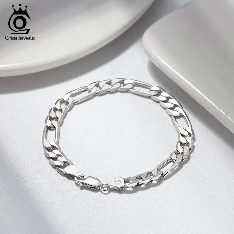ORSA JEWELS 925 Sterling Silver Punk 6.5mm Diamond-Cut Figaro Link Chain Bracelet for Women Men Jewelry 6.5/7/7.5/8 Inch SB108
