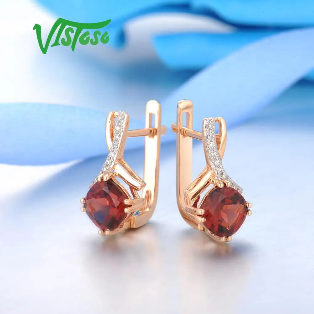 VISTOSO Gold Earring For Women Genuine 14K 585 Rose Gold Radiant Garnet Sparkling Diamond Earring Engagement Wedding Jewelry