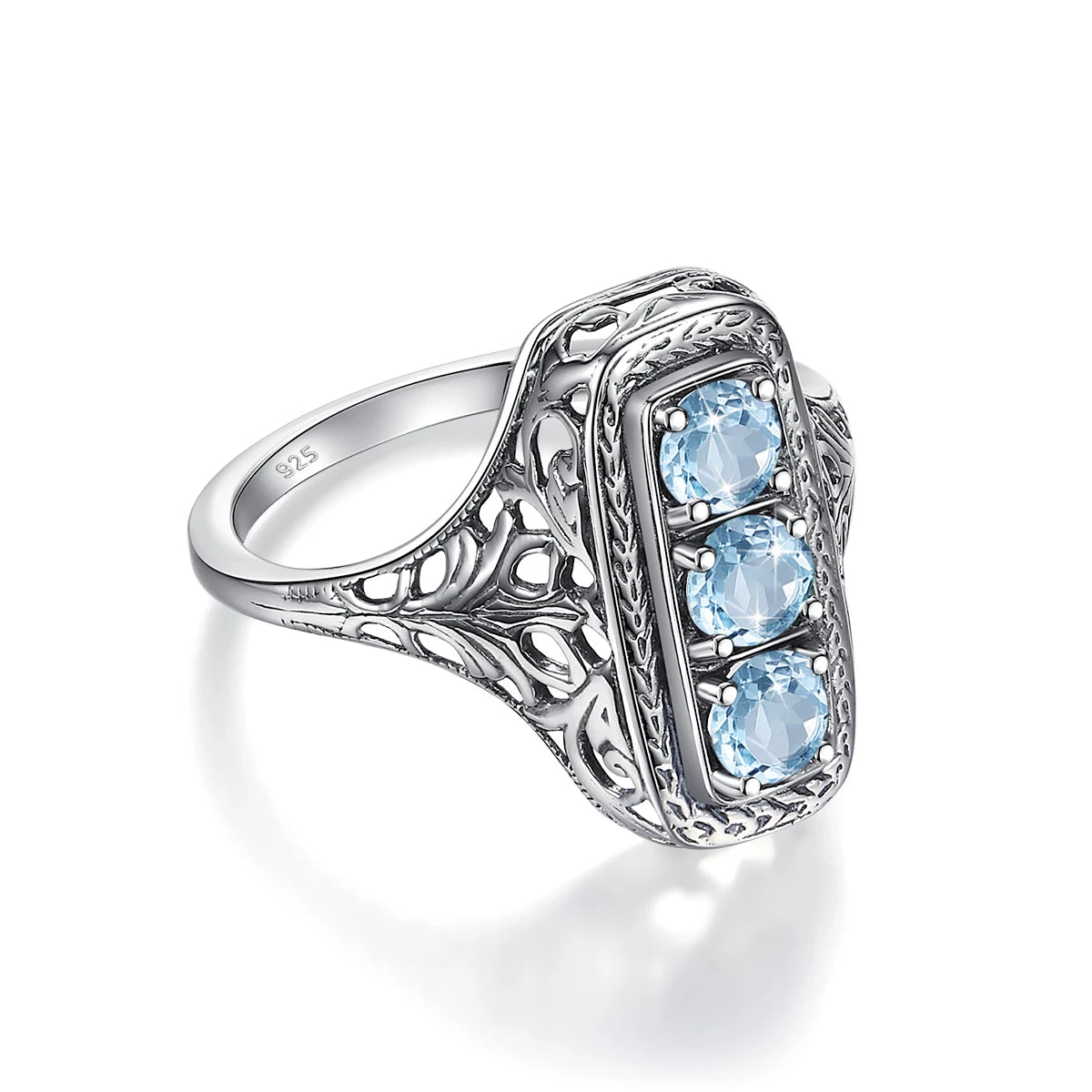 Szjinao Classic 3 Stone Aquamarine Ring For Woman Silver 925 Round Vintage Anniversary Party Gift Quality Fine Jewelry New Style