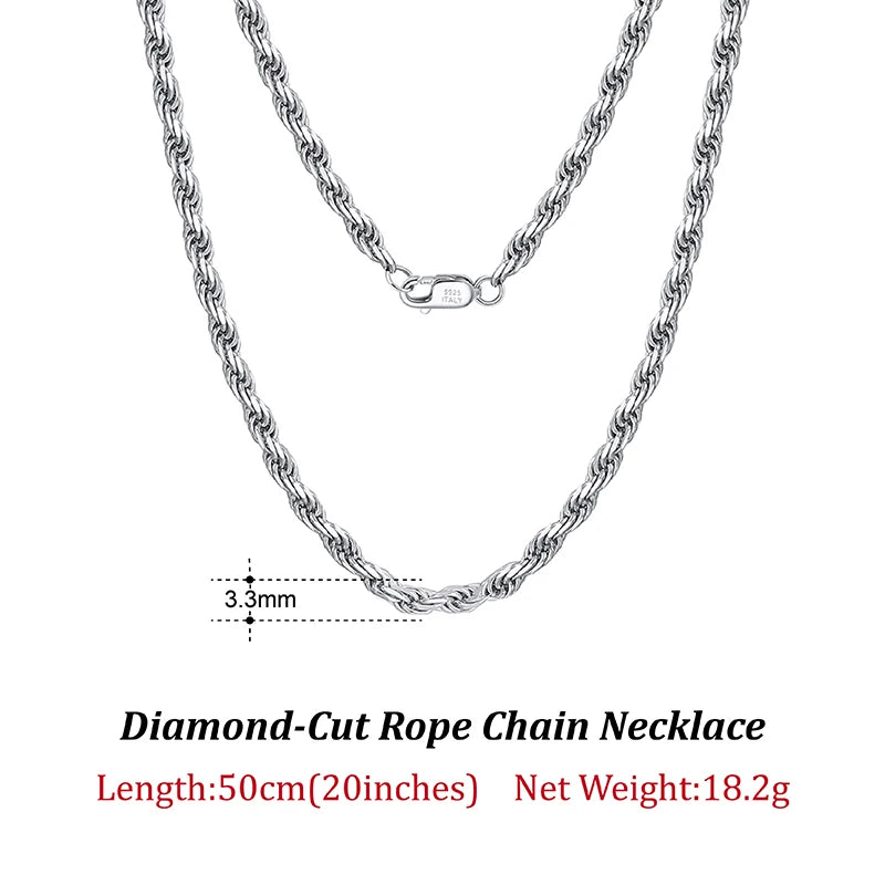 ORSA JEWELS Solid 925 Sterling Silver 2.3/3.3mm Diamond-Cut Rope Chain Necklace for Women Men fashion Neck Chain Jewelry SC29