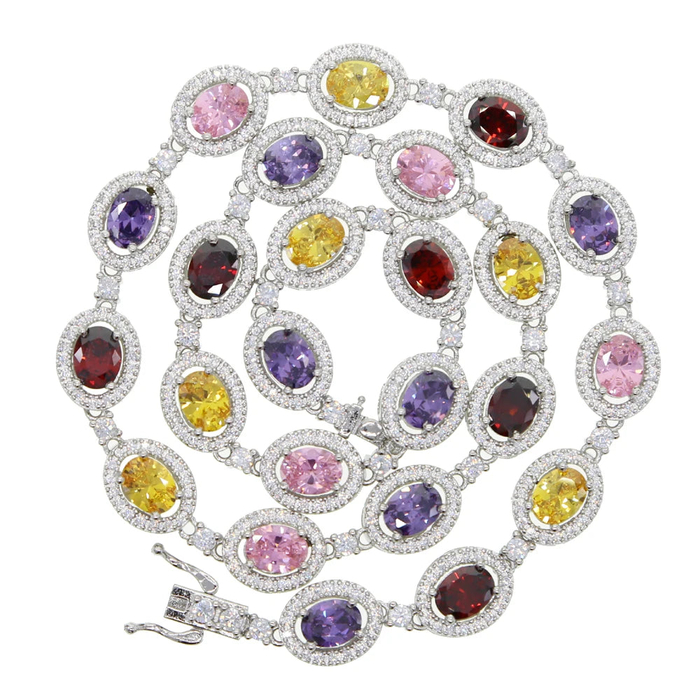 New Iced Out Bling Hip Hop Oval CZ Paved Sparking Colorful Stone Necklace Tennis Rainbow Zircon Choker Women Jewelry