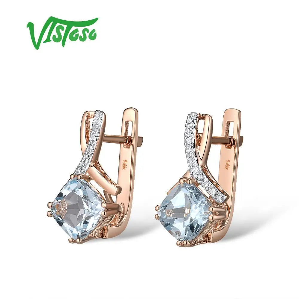 VISTOSO Gold Earring For Women Genuine 14K 585 Rose Gold Radiant Garnet Sparkling Diamond Earring Engagement Wedding Jewelry