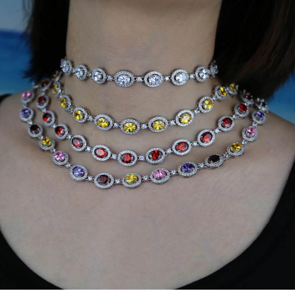New Iced Out Bling Hip Hop Oval CZ Paved Sparking Colorful Stone Necklace Tennis Rainbow Zircon Choker Women Jewelry