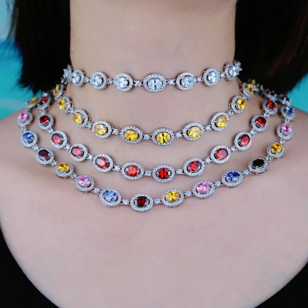 New Iced Out Bling Hip Hop Oval CZ Paved Sparking Colorful Stone Necklace Tennis Rainbow Zircon Choker Women Jewelry