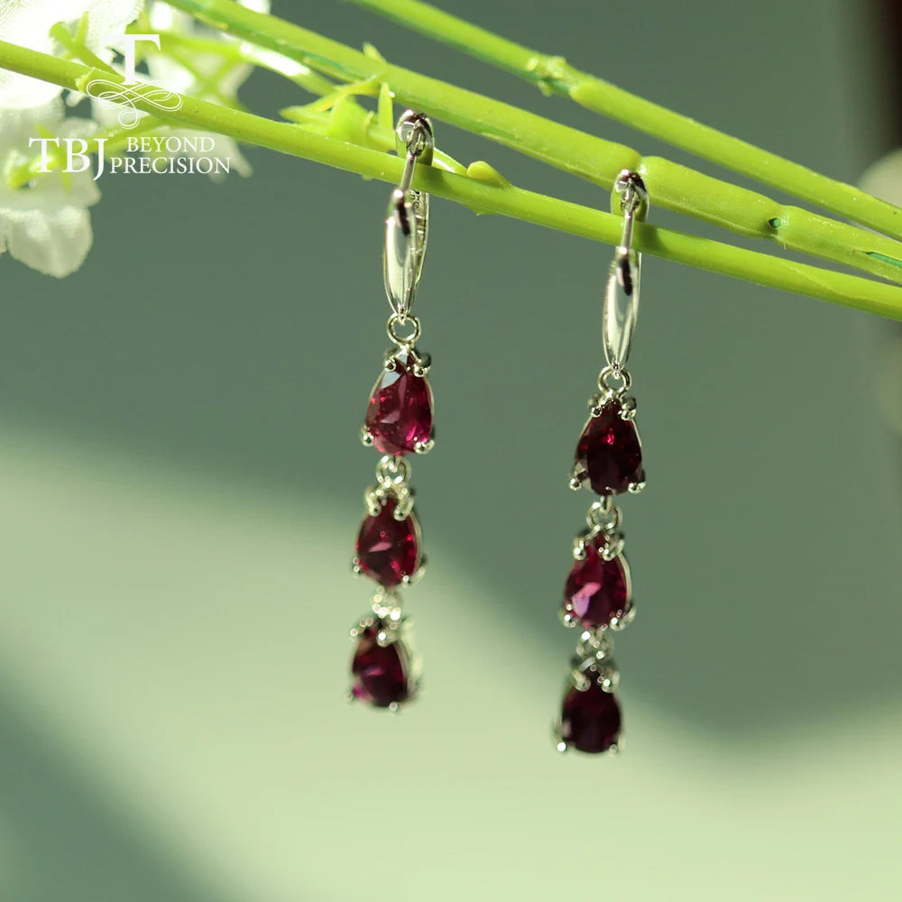 TBJ,Long earring with brazil rhodolite garet pear 5*8mm 6 pieces 5ct natural gemstone fine jewelry 925 sterling silver for women