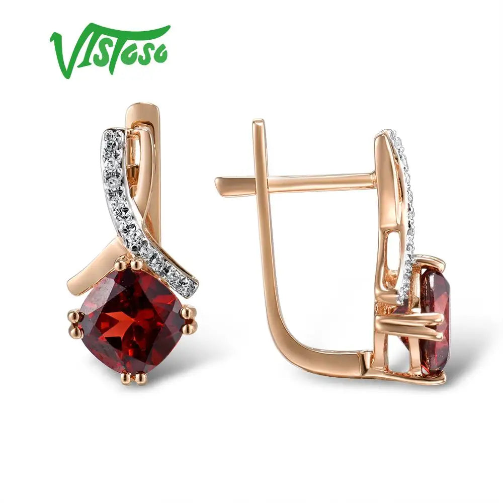 VISTOSO Gold Earring For Women Genuine 14K 585 Rose Gold Radiant Garnet Sparkling Diamond Earring Engagement Wedding Jewelry