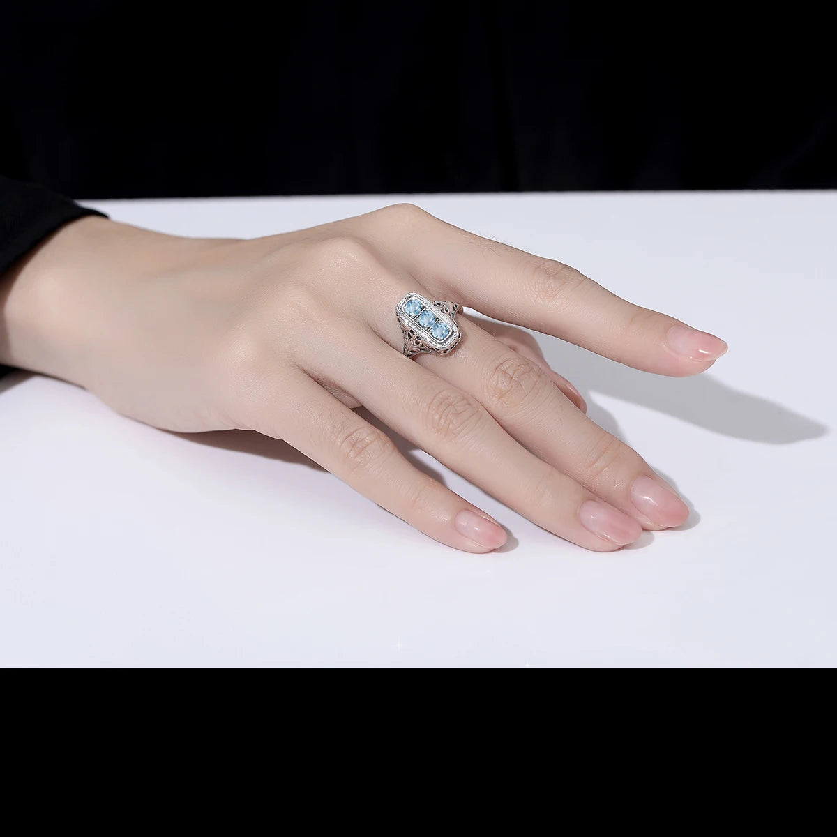 Szjinao Classic 3 Stone Aquamarine Ring For Woman Silver 925 Round Vintage Anniversary Party Gift Quality Fine Jewelry New Style