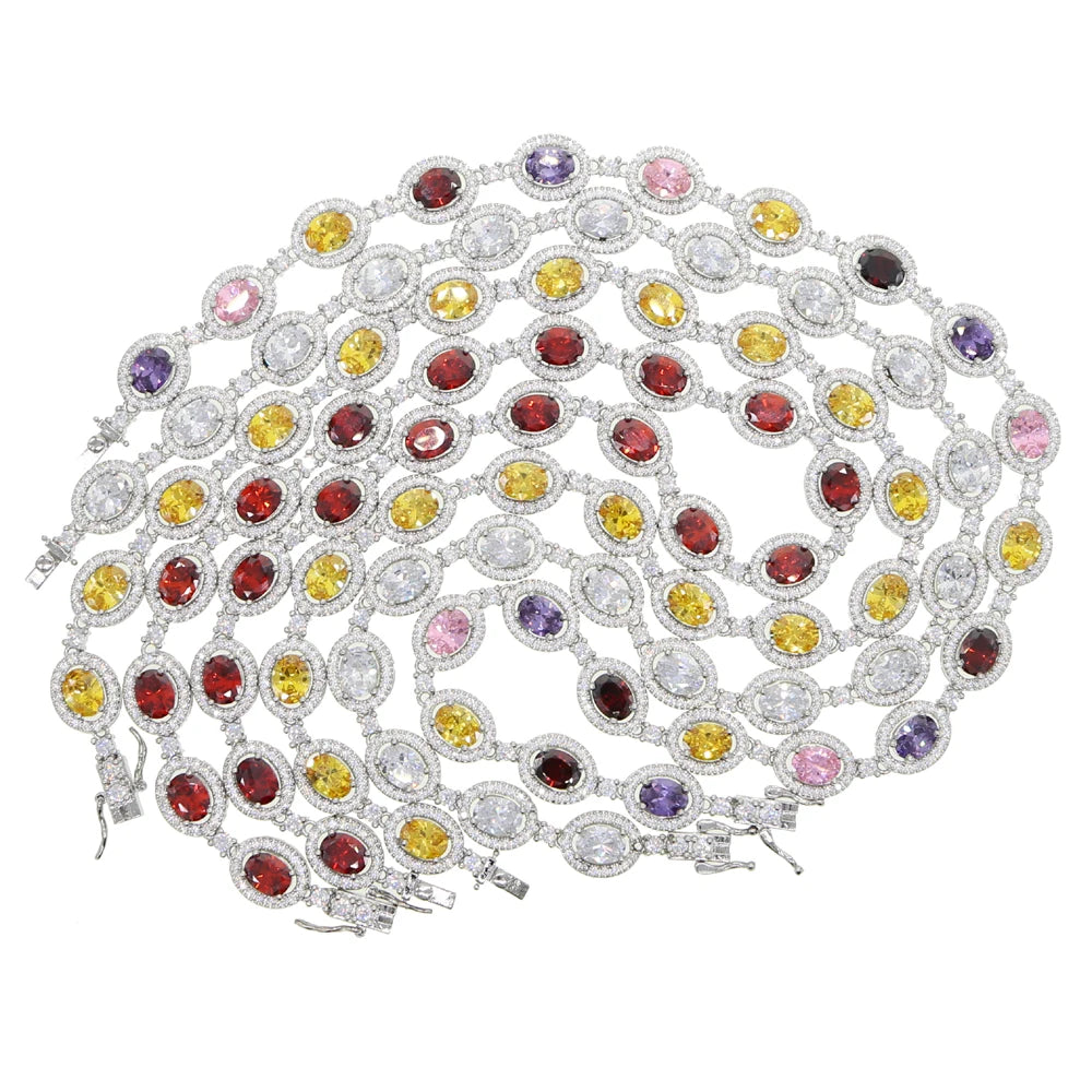 New Iced Out Bling Hip Hop Oval CZ Paved Sparking Colorful Stone Necklace Tennis Rainbow Zircon Choker Women Jewelry