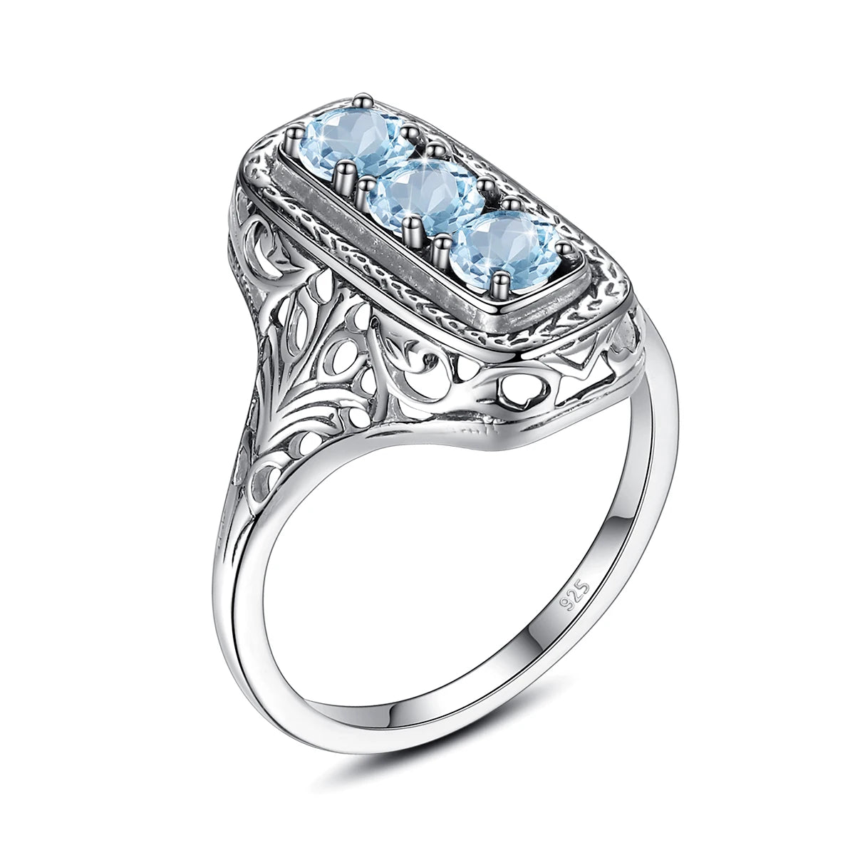 Szjinao Classic 3 Stone Aquamarine Ring For Woman Silver 925 Round Vintage Anniversary Party Gift Quality Fine Jewelry New Style