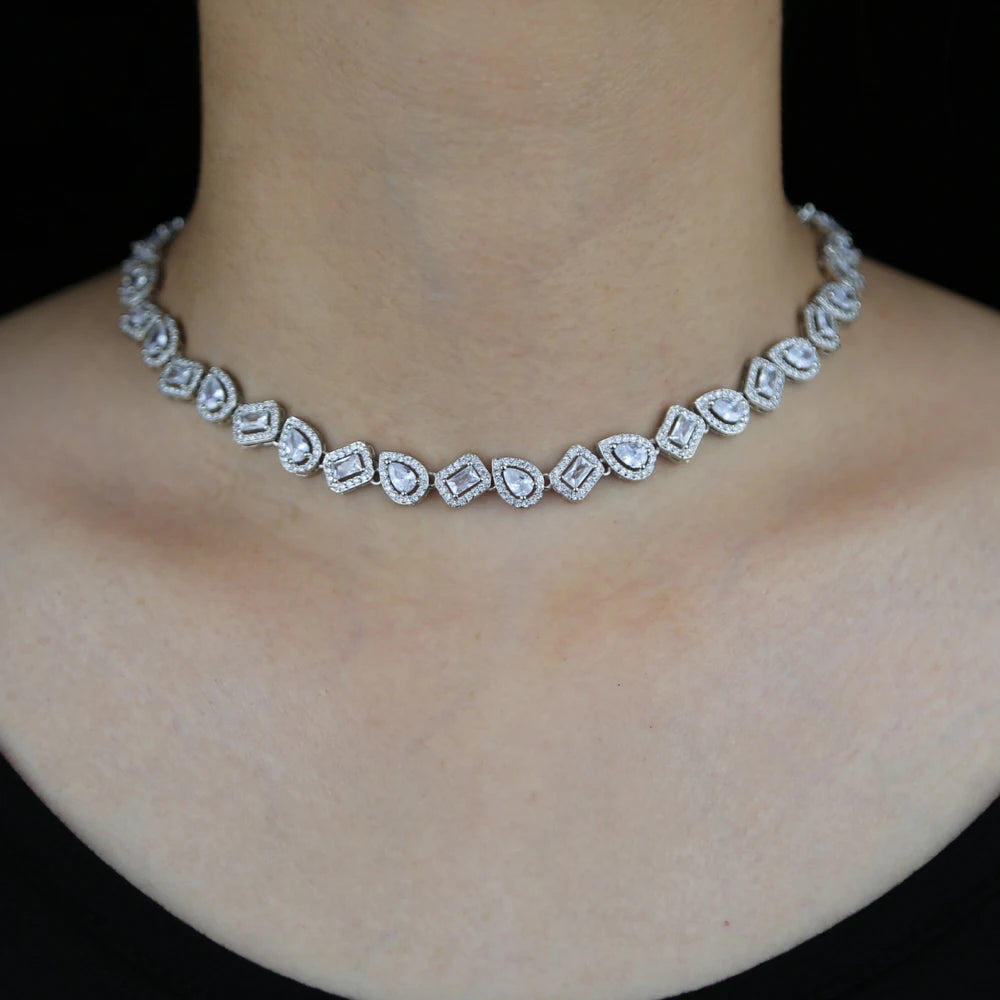 2025 Iced Out Bling Sparking Geometric Rectangle Tear Drop Cubic Zirconia Choker Necklace For Women Fashion Wedding Gift Jewelry