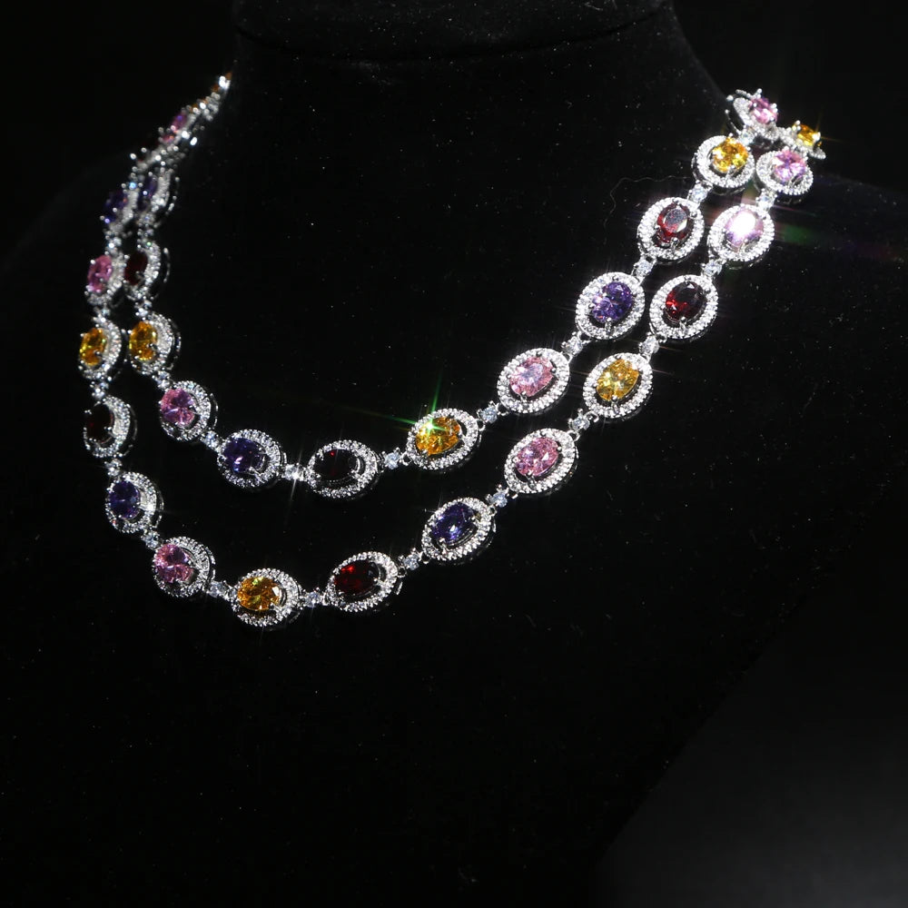 New Iced Out Bling Hip Hop Oval CZ Paved Sparking Colorful Stone Necklace Tennis Rainbow Zircon Choker Women Jewelry