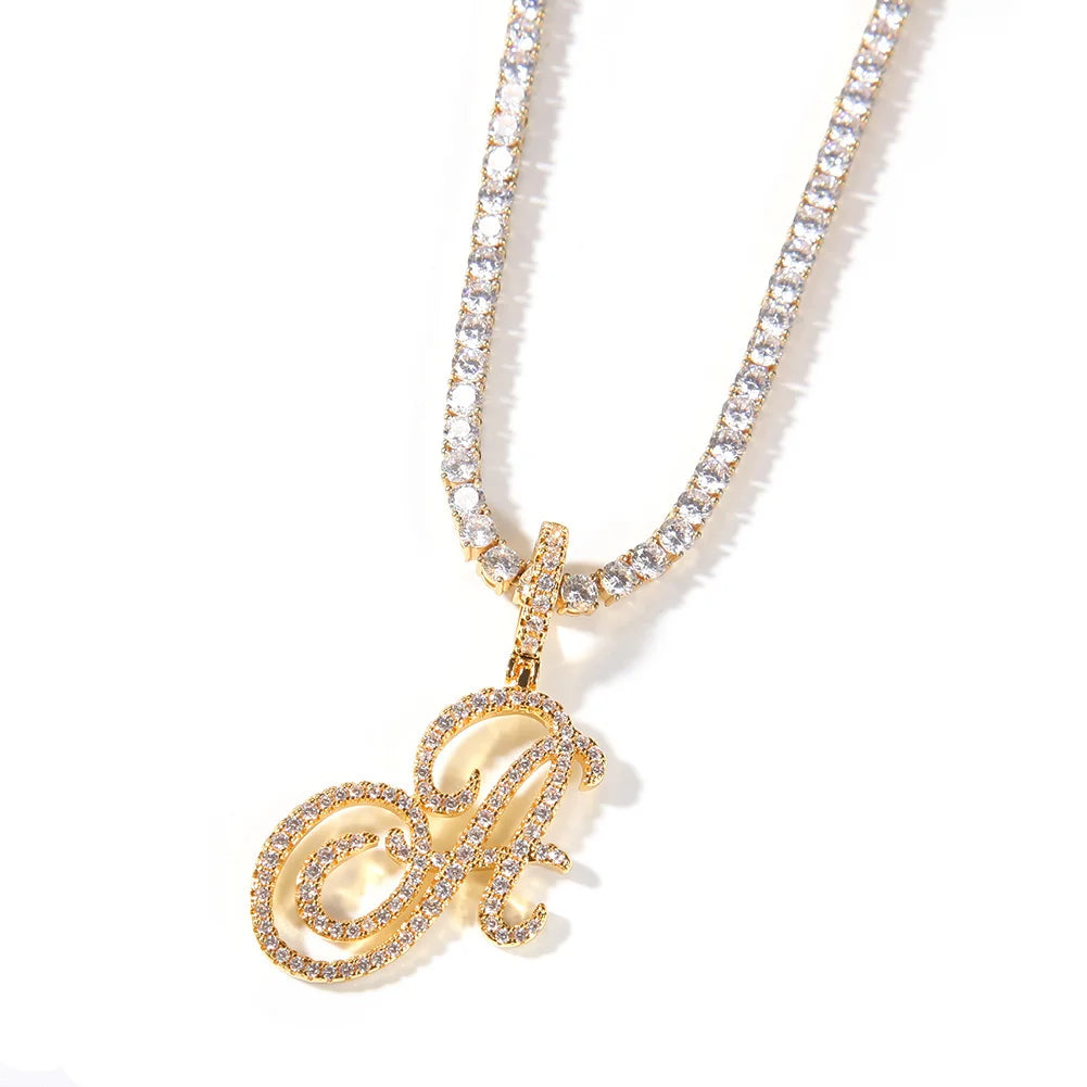 UWIN Cursive Letters Brush With Tennis Chain Cubic Zirconia Intial Name Necklace Jewelry Charm Hip Hop Necklaces Drop Shipping
