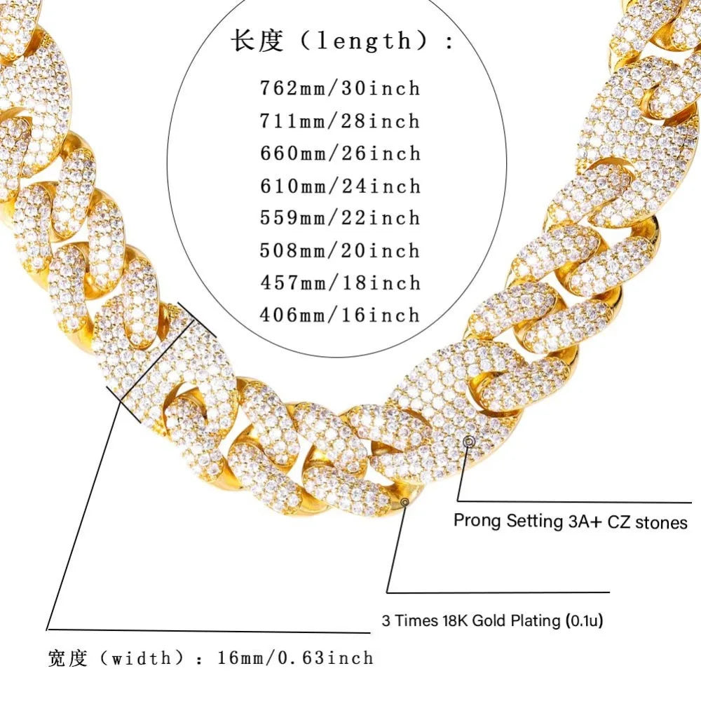 TOPGRILLZ 16mm Miami New Box Clasp Cuban Link Chain Gold Silver Color Necklace Iced Out Cubic Zirconia Bling Hip hop Jewelry
