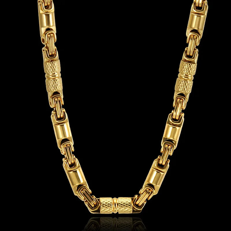 6mm Heavy 18K Gold Color Stainless Steel Byzantine Chain Necklace Men Women Punk Rock Hiphop Black Biker Bike Choker Jewelry