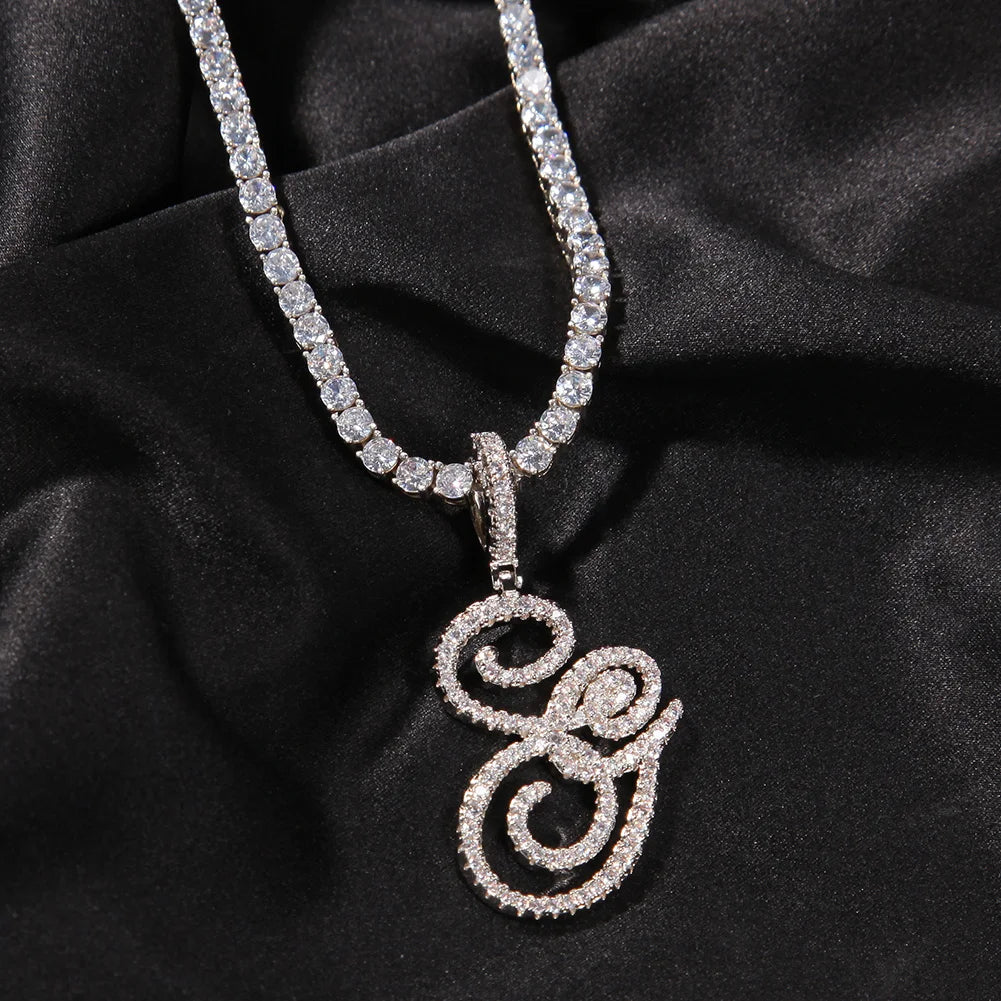 UWIN Cursive Letters Brush With Tennis Chain Cubic Zirconia Intial Name Necklace Jewelry Charm Hip Hop Necklaces Drop Shipping