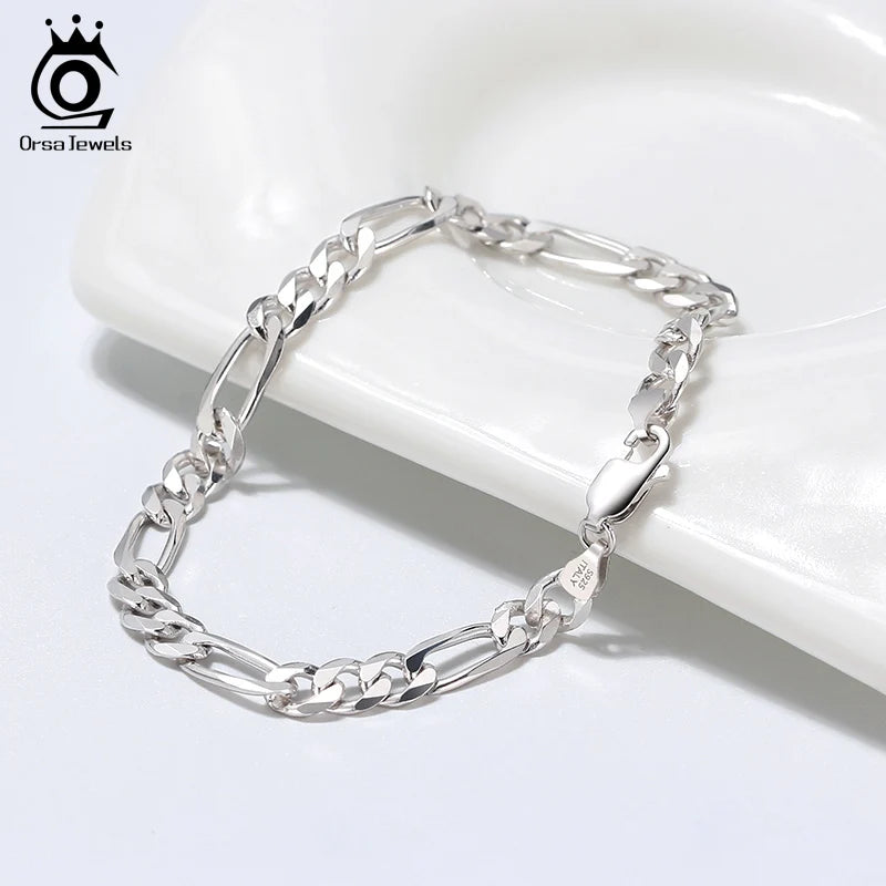 ORSA JEWELS Punk Genuine 925 Sterling Silver 5mm Diamond-Cut Figaro Chain Bracelets for Women Men Party Jewelry Gift SB66