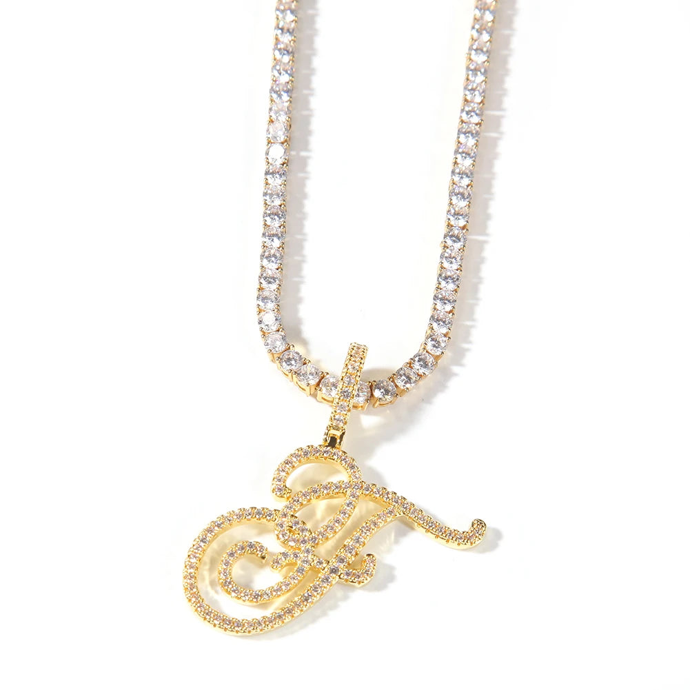 UWIN Cursive Letters Brush With Tennis Chain Cubic Zirconia Intial Name Necklace Jewelry Charm Hip Hop Necklaces Drop Shipping