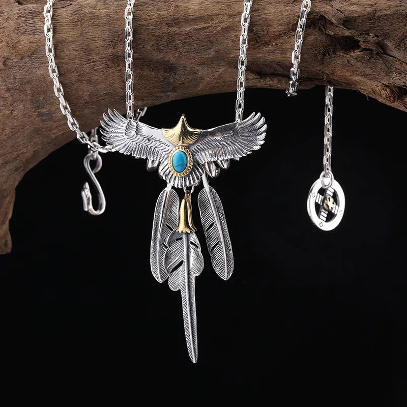 BOCAI New Solid Pure Thai Silver Feather Trend Men's and Women's Necklace