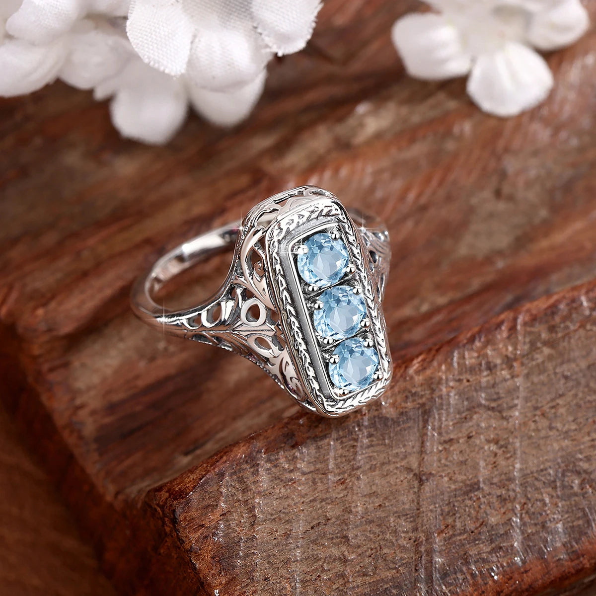 Szjinao Classic 3 Stone Aquamarine Ring For Woman Silver 925 Round Vintage Anniversary Party Gift Quality Fine Jewelry New Style