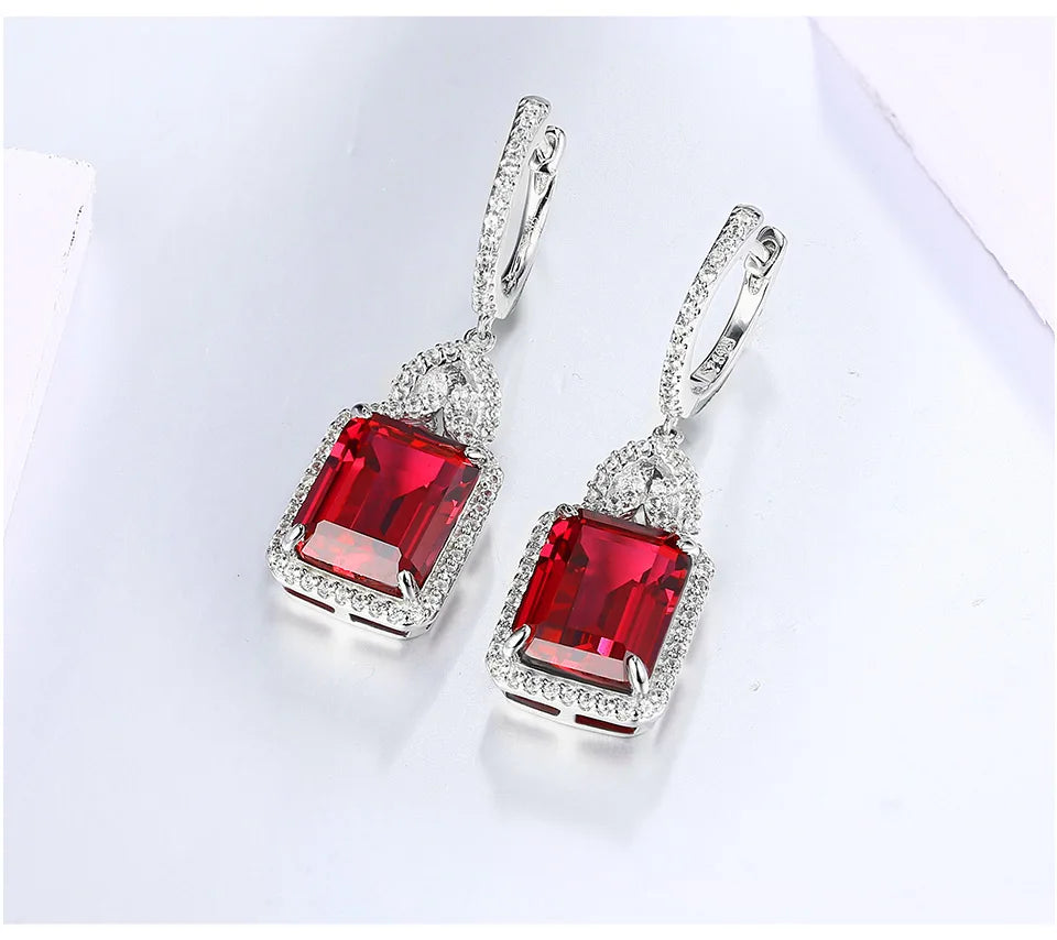 ATTAGEMS Ruby Real Sterling Silver Earring for Women Charming Style Created Sapphire 12 Carats Octagon Cut Wedding Jewelry Gifts