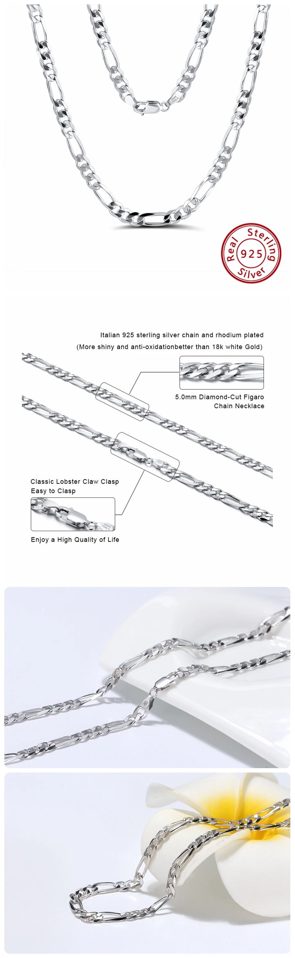 ORSA JEWELS Italian Handmade 5mm Diamond-Cut Figaro Chain Necklace for Men Woman 925 Sterling Silver Neck Chains Jewelry SC34
