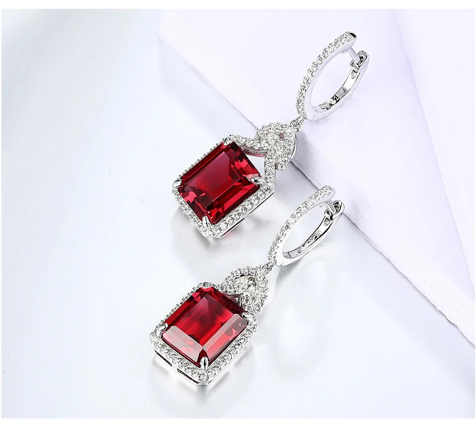 ATTAGEMS Ruby Real Sterling Silver Earring for Women Charming Style Created Sapphire 12 Carats Octagon Cut Wedding Jewelry Gifts