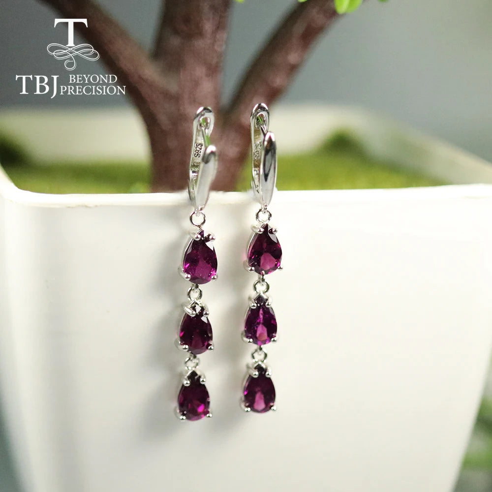 TBJ,Long earring with brazil rhodolite garet pear 5*8mm 6 pieces 5ct natural gemstone fine jewelry 925 sterling silver for women