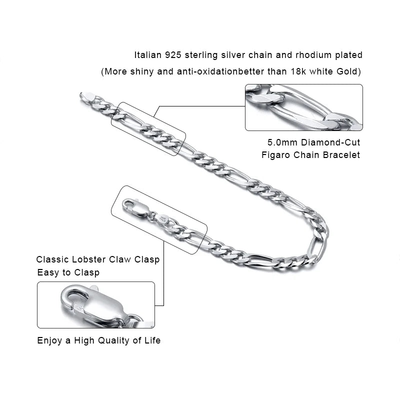 ORSA JEWELS Punk Genuine 925 Sterling Silver 5mm Diamond-Cut Figaro Chain Bracelets for Women Men Party Jewelry Gift SB66