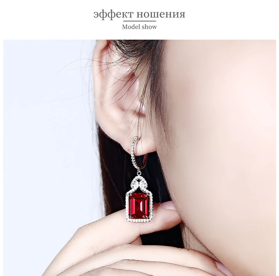 ATTAGEMS Ruby Real Sterling Silver Earring for Women Charming Style Created Sapphire 12 Carats Octagon Cut Wedding Jewelry Gifts