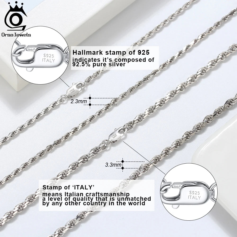 ORSA JEWELS Solid 925 Sterling Silver 2.3/3.3mm Diamond-Cut Rope Chain Necklace for Women Men fashion Neck Chain Jewelry SC29