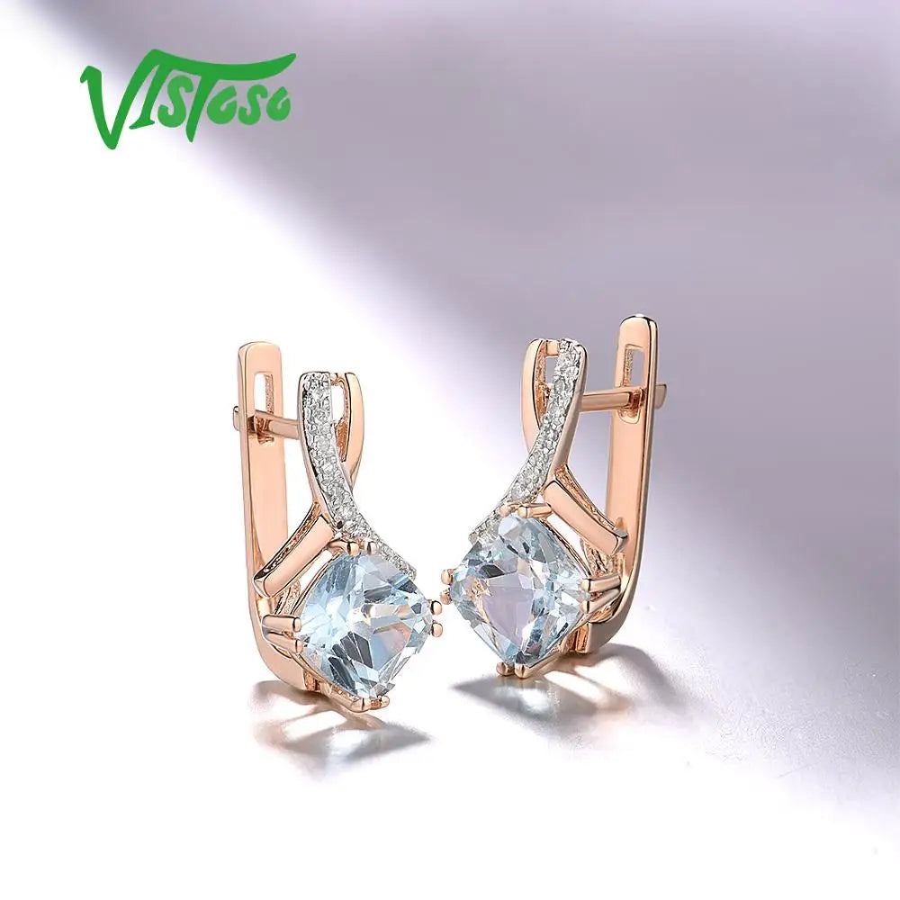 VISTOSO Gold Earring For Women Genuine 14K 585 Rose Gold Radiant Garnet Sparkling Diamond Earring Engagement Wedding Jewelry